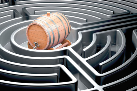 Wooden barrel inside dark labyrinth, 3D renderingの写真素材