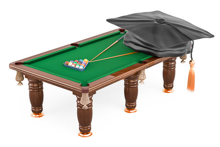 Billiard table with education hat, 3D rendering isolated on white background