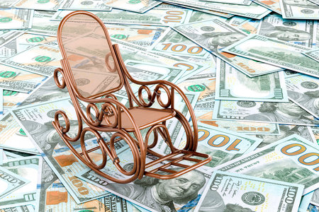 Rocking chair on the dollars backdrop, 3D renderingの写真素材