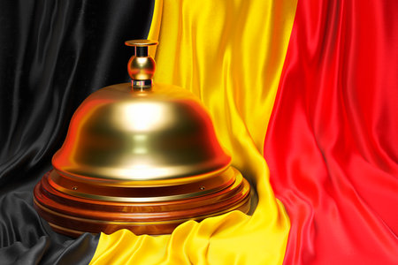 Reception bell on the Belgian flag backdrop, 3D renderingの写真素材