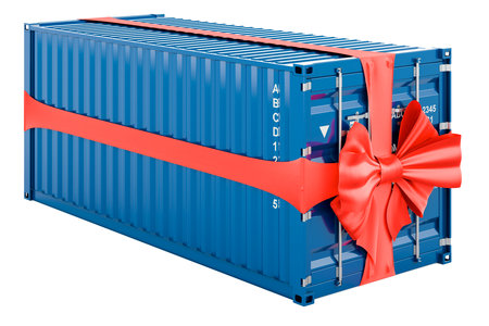 Cargo container with red ribbon and bow, present concept. 3D rendering isolated on white background