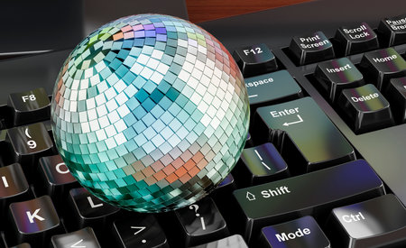 Disco ball on the keyboard, 3D renderingの写真素材