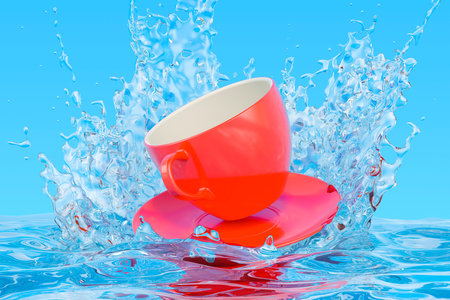 Cup and saucer with transparent water splashes, 3D renderingの写真素材