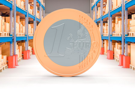 Euro coins in storehouse. Cost of shipping and logistics concept. 3D renderingの写真素材