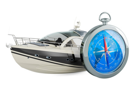 Modern motorboat with compass. 3D rendering isolated on white backgroundの写真素材