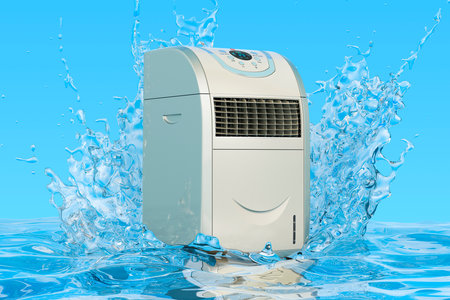 Portable air conditioner with transparent water splashes, 3D renderingの写真素材