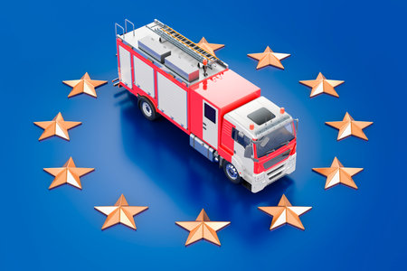 Fire engine truck on the European Union flag. 3D rendering