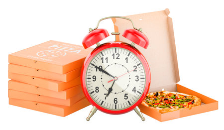 Pizza boxes with alarm clock, 3D rendering isolated on white background