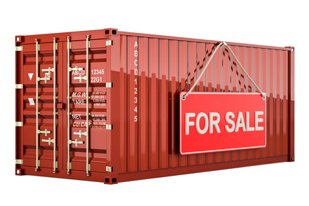 Cargo container with for sale hanging sign, 3D rendering isolated on white background