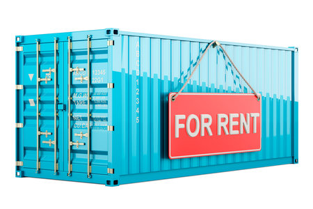 Cargo container with for rent hanging sign, 3D rendering isolated on white background