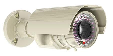 Security surveillance camera, white color. 3D rendering isolated on white background