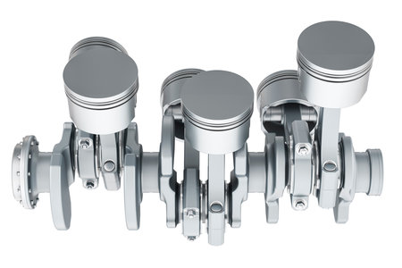 V6 engine pistons and cog, side view. 3D rendering isolated on white backgroundの写真素材
