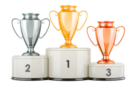 Golden, silver and bronze trophy cups on pedestal. 3D rendering isolated on white backgroundの写真素材
