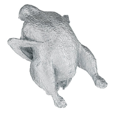 Chicken wrapped in foil, 3D rendering isolated on white backgroundの写真素材