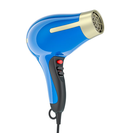 Hair dryer, blue color. 3D rendering isolated on white backgroundの写真素材