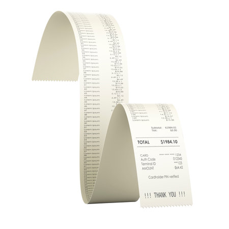 Printed receipt, bill. 3D rendering isolated on white backgroundの写真素材