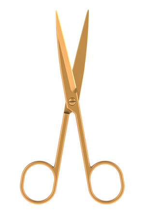 Golden Scissors, 3D rendering isolated on white backgroundの写真素材
