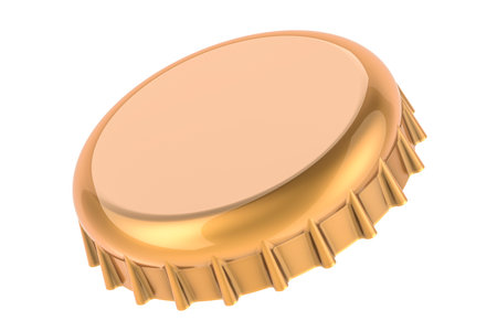 Golden bottle cap, 3D rendering isolated on white backgroundの写真素材