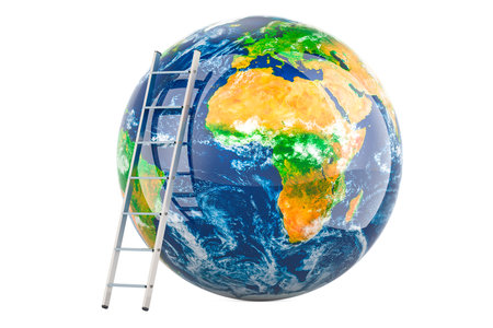 Earth exploration, ladder with Earth Globe. 3D rendering isolated on white backgroundの写真素材