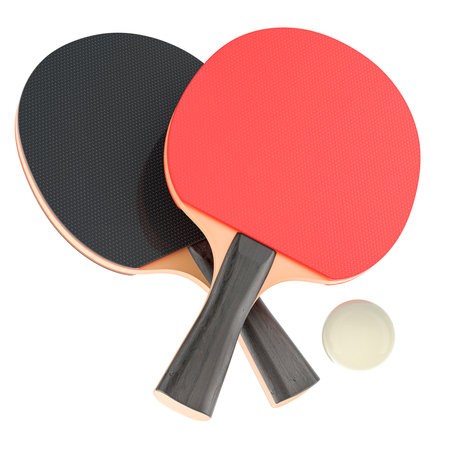 Table tennis equipment,  rackets and ball. 3D rendering isolated on white backgroundの写真素材