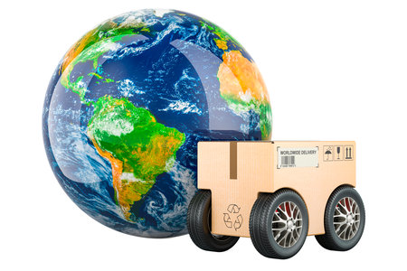 Parcel with wheels and Earth Globe. Worldwide fast delivery concept, 3D rendering isolated on white backgroundの写真素材