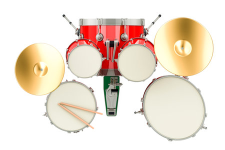 Drum kit, top view. 3D rendering isolated on white backgroundの写真素材
