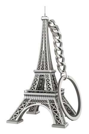 Keychain Eiffel Tower, 3D rendering isolated on white backgroundの写真素材