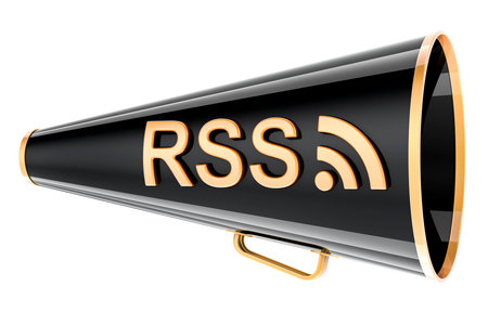 Bullhorn with RSS logotype, 3D rendering isolated on white backgroundの写真素材