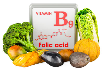 Products containing Vitamin B9, Folic Acid. 3D rendering isolated on white backgroundの写真素材