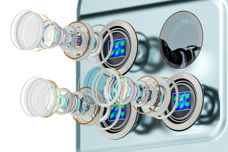Multi Camera Smartphone. Disassembled smartphone cameras, modern lens of smartphone cameras, structure. 3D rendering isolated on white backgroundの写真素材