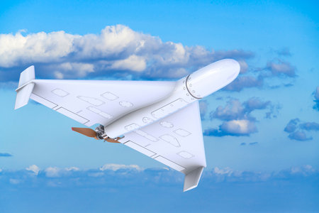 Kamikaze Drone, military drone on the blue sky. 3D rendering