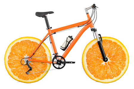 Bicycle With Orange Slices Wheels, 3D rendering isolated on white backgroundの写真素材
