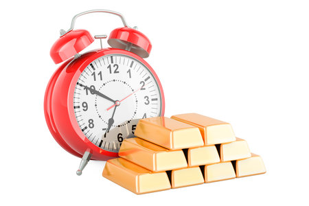 Gold ingots with alarm clock, 3D rendering isolated on white backgroundの写真素材