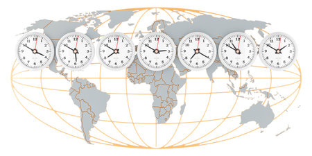 World Time zone concept, Timezone wall clocks. 3D rendering isolated on the white background