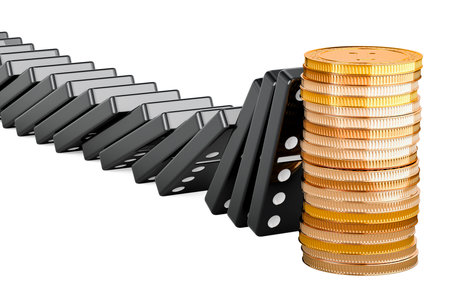 Stack of golden coins stopped effect domino, 3D rendering isolated on white backgroundの写真素材