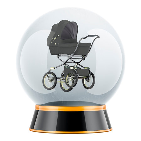 Prediction of pregnancy. Crystal ball with baby carriage inside, 3D rendering isolated on white backgroundの写真素材