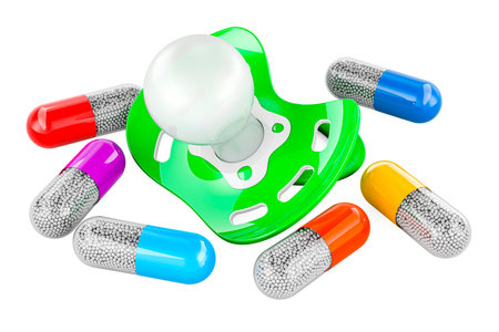 Baby pacifier with medicine capsules around. Baby Medicine concept, 3D rendering isolated on white...
