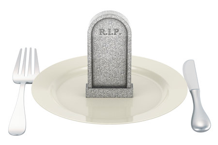 Dinner plate with Gravestone. Food poisoning, concept. 3D rendering isolated on white backgroundの写真素材