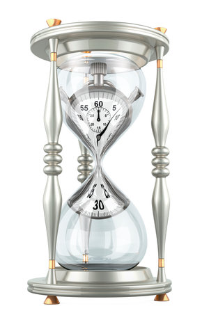 Sandglass, lost time concept. 3D rendering isolated on white background
