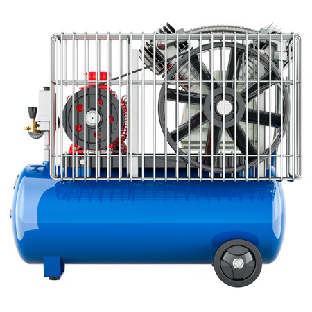 Blue tank air compressor, side view. 3D rendering isolated on white backgroundの写真素材