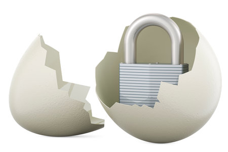 Padlock inside broken chicken egg, 3D rendering isolated on white backgroundの写真素材