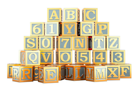 ABC Wooden Blocks- Alphabet Letters and Numbers Learning Block Set. 3D rendering isolated on white backgroundの写真素材