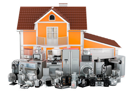 House with domestic appliance. Delivery of household and kitchen appliances. 3D rendering isolated on white backgroundの写真素材