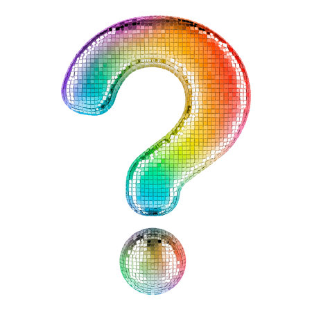 Question mark from glitter mirror facets. 3D rendering isolated on white background