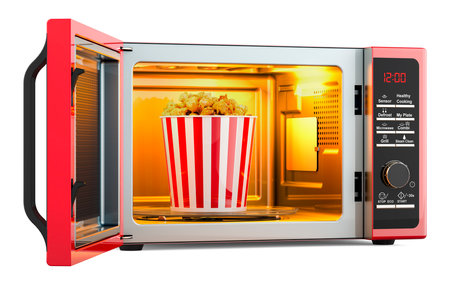 Microwave oven with popcorn inside, 3D rendering isolated on white backgroundの写真素材