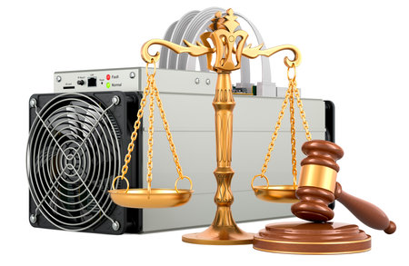 ASIC miner with wooden gavel and scales of justice. 3D rendering isolated on white backgroundの写真素材