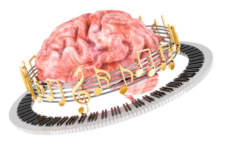 Brain with piano keyboard and musical notes around, music concept. 3D rendering isolated on white backgroundの写真素材