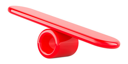 Imbalance seesaw, red color. 3D rendering isolated on white backgroundの写真素材