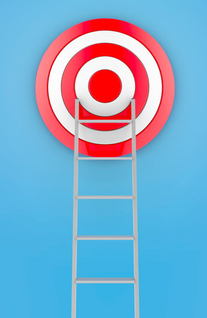 Progress and success, concept. Target and stairs. 3D rendering isolated on blue backgroundの写真素材