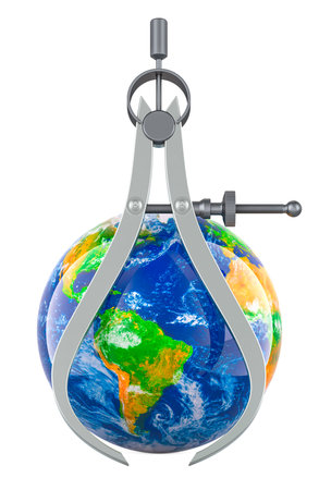 Outside Caliper with Earth Globe, 3D rendering isolated on white backgroundの写真素材